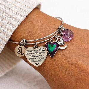 Adjustable Stainless Steel Charm Bracelet Heart Crystal Motivational Quote
